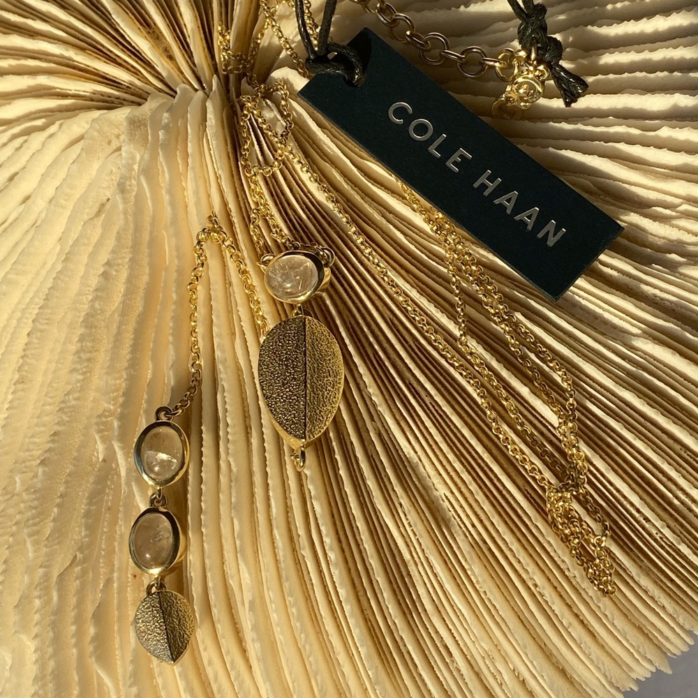 NWT Cole Haan Gemstone Quartz Gold Tone Leaf Y Necklace CH200253